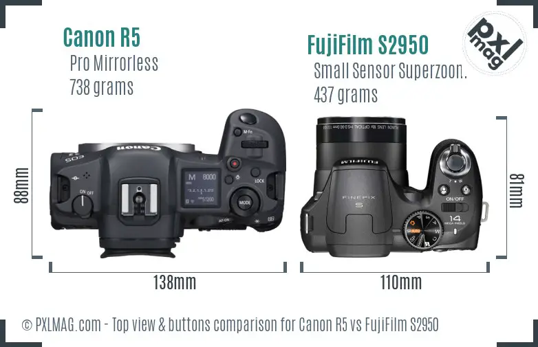 Canon R5 vs FujiFilm S2950 top view buttons comparison Canon R5 vs FujiFilm S2950 top view buttons comparison