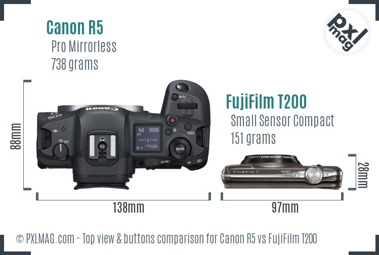 Canon R5 vs FujiFilm T200 top view buttons comparison