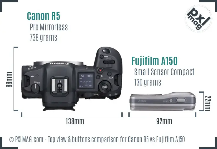 Canon R5 vs Fujifilm A150 top view buttons comparison