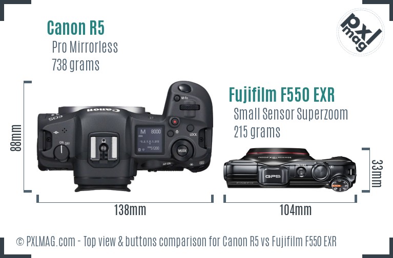 Canon R5 vs Fujifilm F550 EXR top view buttons comparison
