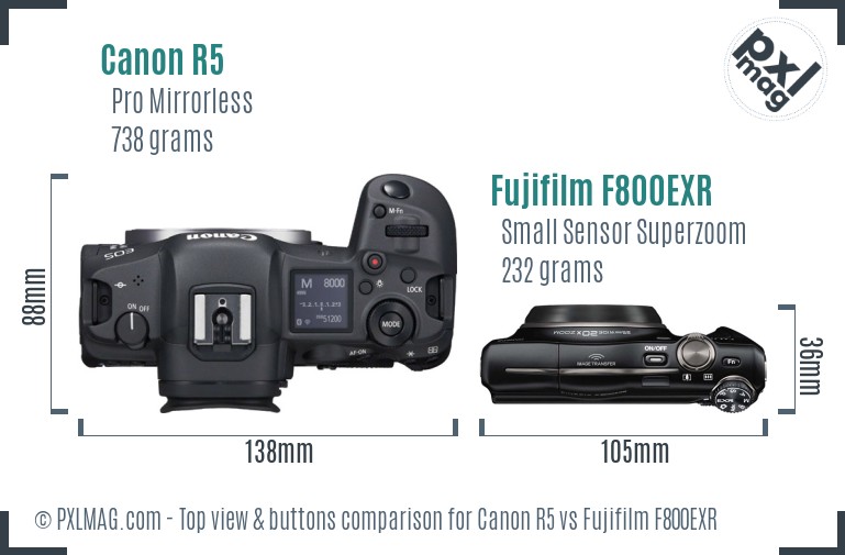 Canon R5 vs Fujifilm F800EXR top view buttons comparison