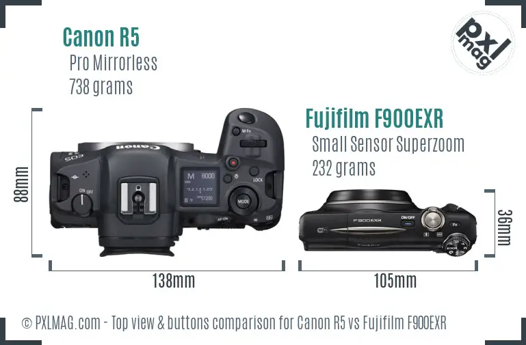 Canon R5 vs Fujifilm F900EXR top view buttons comparison