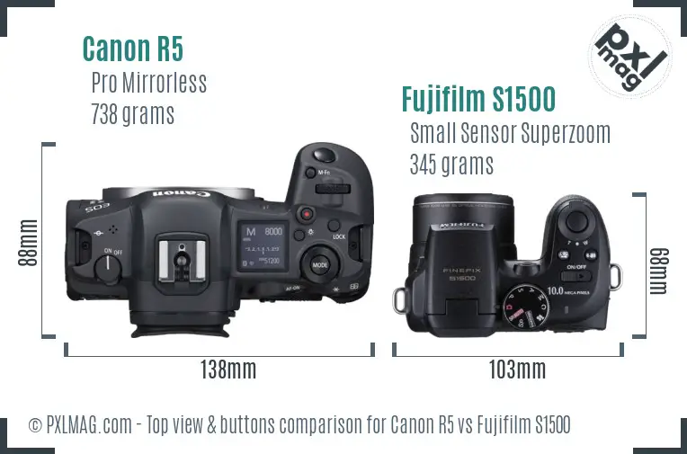 Canon R5 vs Fujifilm S1500 top view buttons comparison