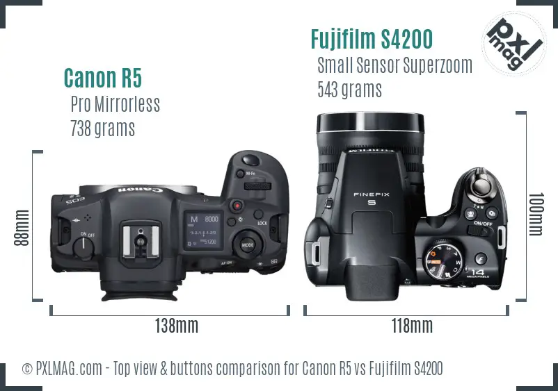 Canon R5 vs Fujifilm S4200 top view buttons comparison Canon R5 vs Fujifilm S4200 top view buttons comparison