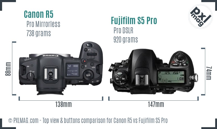 Canon R5 vs Fujifilm S5 Pro top view buttons comparison