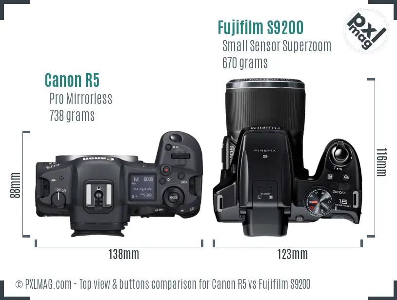 Canon R5 vs Fujifilm S9200 top view buttons comparison