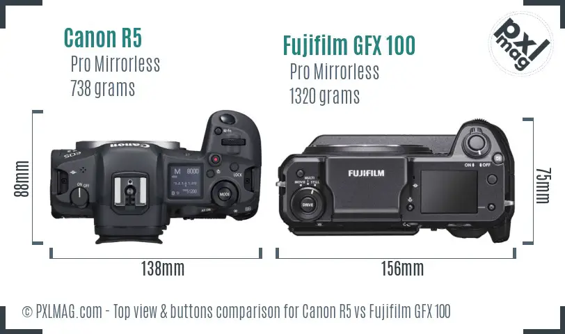 Canon R5 vs Fujifilm GFX 100 top view buttons comparison