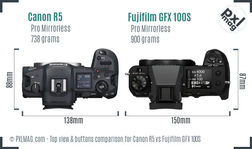 Canon R5 vs Fujifilm GFX 100S top view buttons comparison