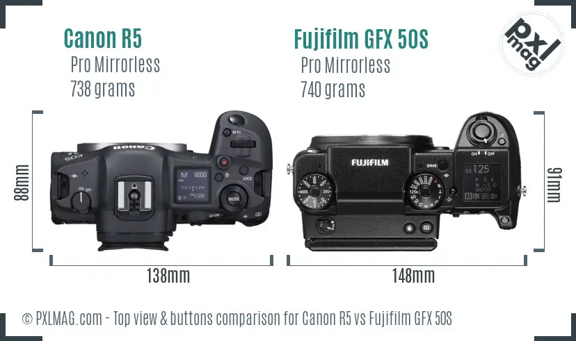 Canon R5 vs Fujifilm GFX 50S top view buttons comparison