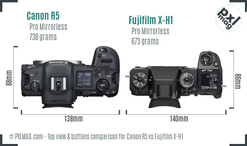 Canon R5 vs Fujifilm X-H1 top view buttons comparison