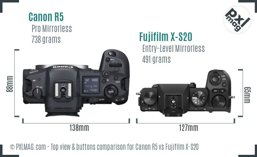 Canon R5 vs Fujifilm X-S20 top view buttons comparison