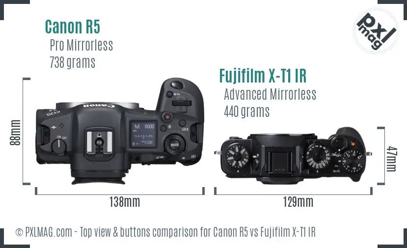Canon R5 vs Fujifilm X-T1 IR top view buttons comparison