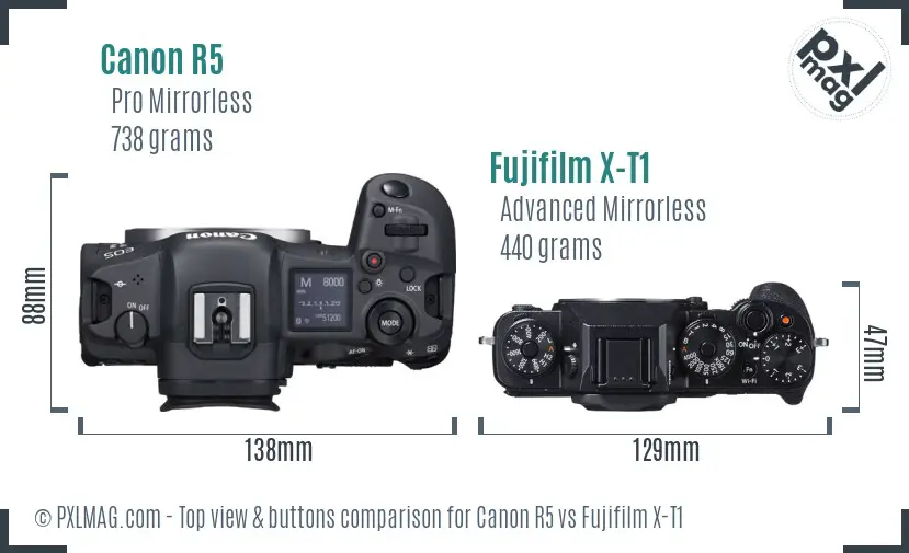 Canon R5 vs Fujifilm X-T1 top view buttons comparison
