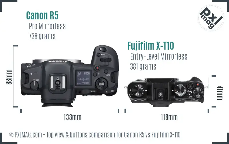 Canon R5 vs Fujifilm X-T10 top view buttons comparison