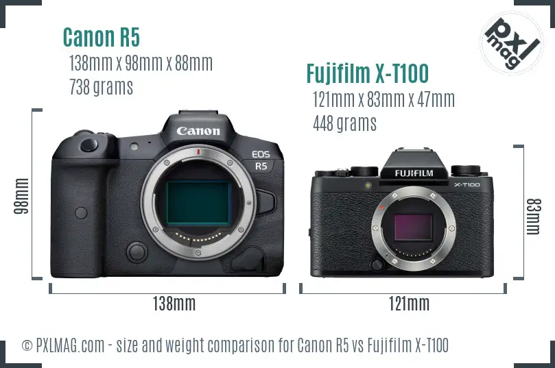 Canon R5 vs Fujifilm X-T100 size comparison Canon R5 vs Fujifilm X-T100 size comparison