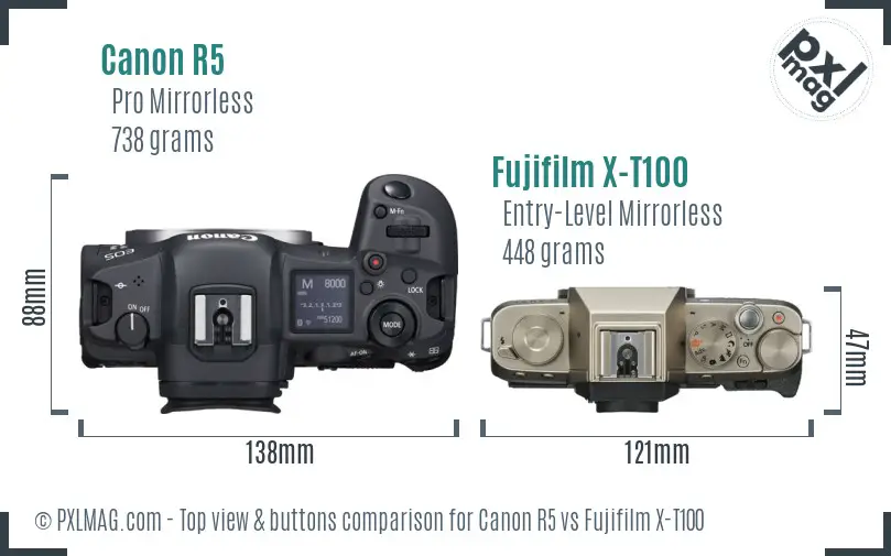Canon R5 vs Fujifilm X-T100 top view buttons comparison Canon R5 vs Fujifilm X-T100 top view buttons comparison