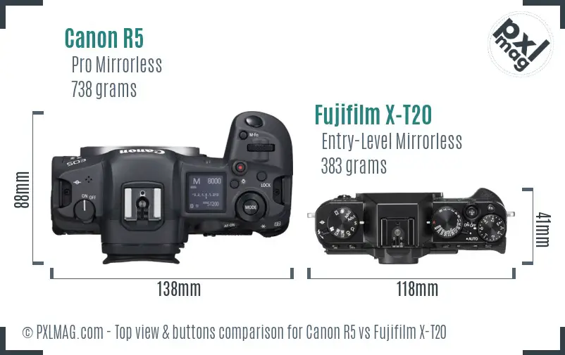 Canon R5 vs Fujifilm X-T20 top view buttons comparison