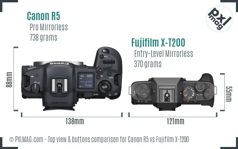 Canon R5 vs Fujifilm X-T200 top view buttons comparison