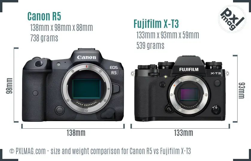 Canon R5 vs Fujifilm X-T3 size comparison Canon R5 vs Fujifilm X-T3 size comparison