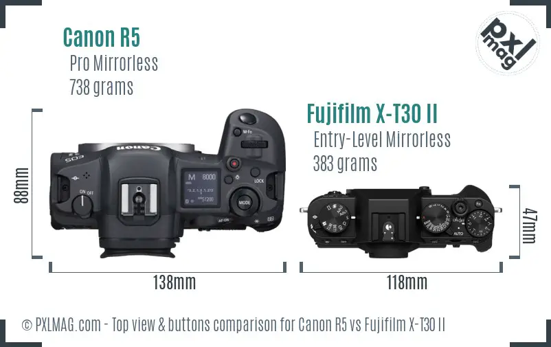 Canon R5 vs Fujifilm X-T30 II top view buttons comparison