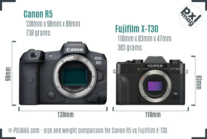 Canon R5 vs Fujifilm X-T30 size comparison