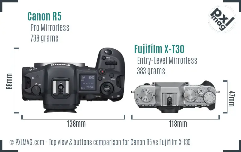 Canon R5 vs Fujifilm X-T30 top view buttons comparison
