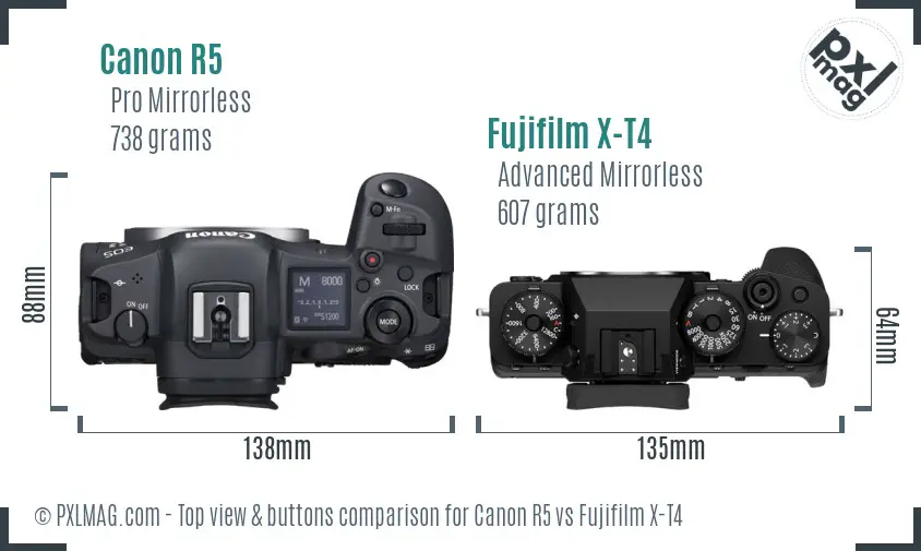 Canon R5 vs Fujifilm X-T4 top view buttons comparison