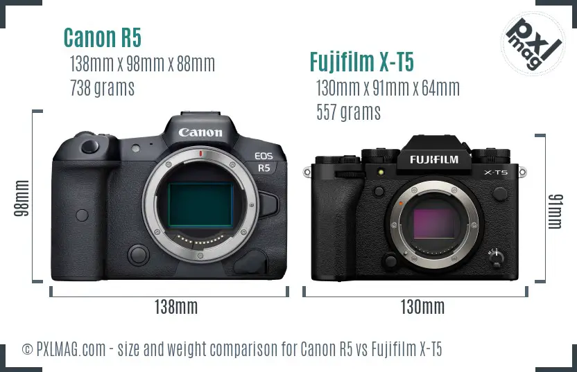 Canon R5 vs Fujifilm X-T5 size comparison