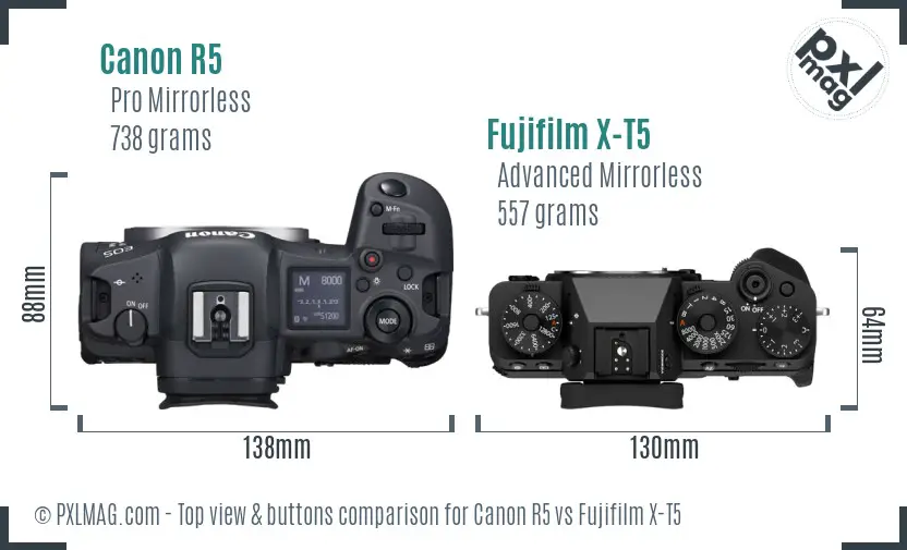 Canon R5 vs Fujifilm X-T5 top view buttons comparison