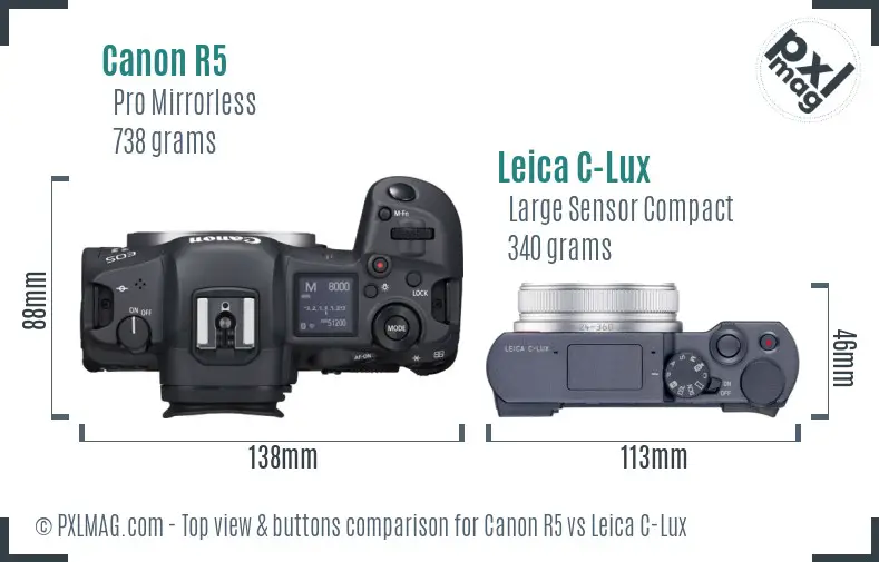 Canon R5 vs Leica C-Lux top view buttons comparison