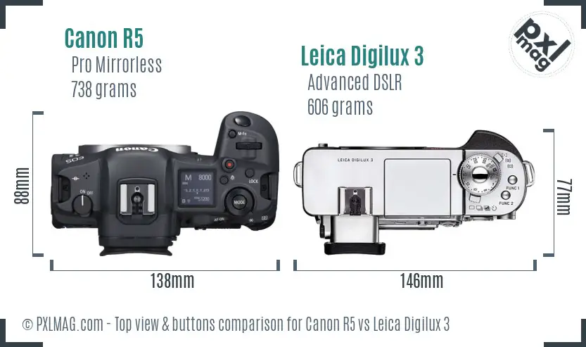 Canon R5 vs Leica Digilux 3 top view buttons comparison