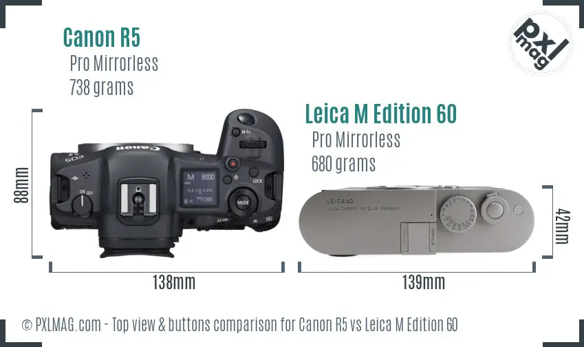 Canon R5 vs Leica M Edition 60 top view buttons comparison