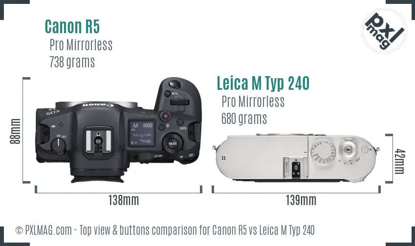 Canon R5 vs Leica M Typ 240 top view buttons comparison