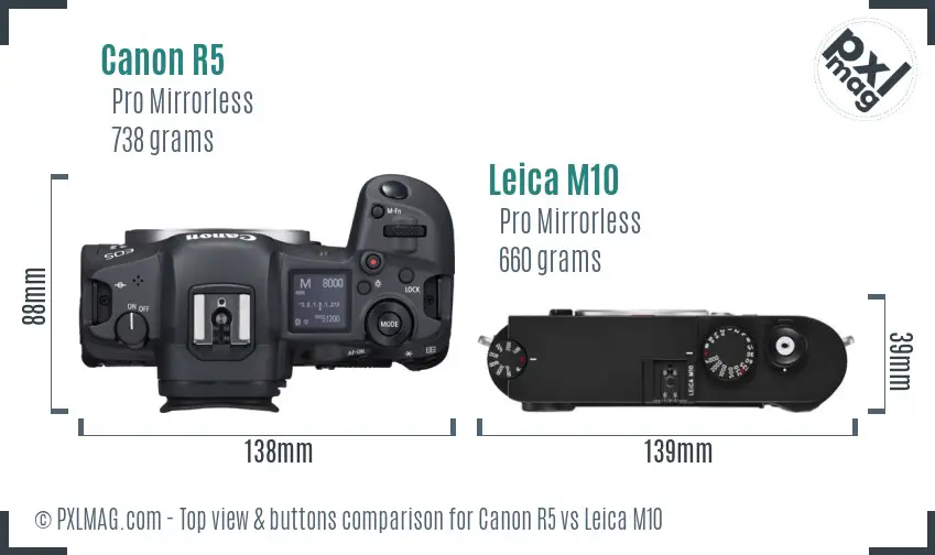 Canon R5 vs Leica M10 top view buttons comparison