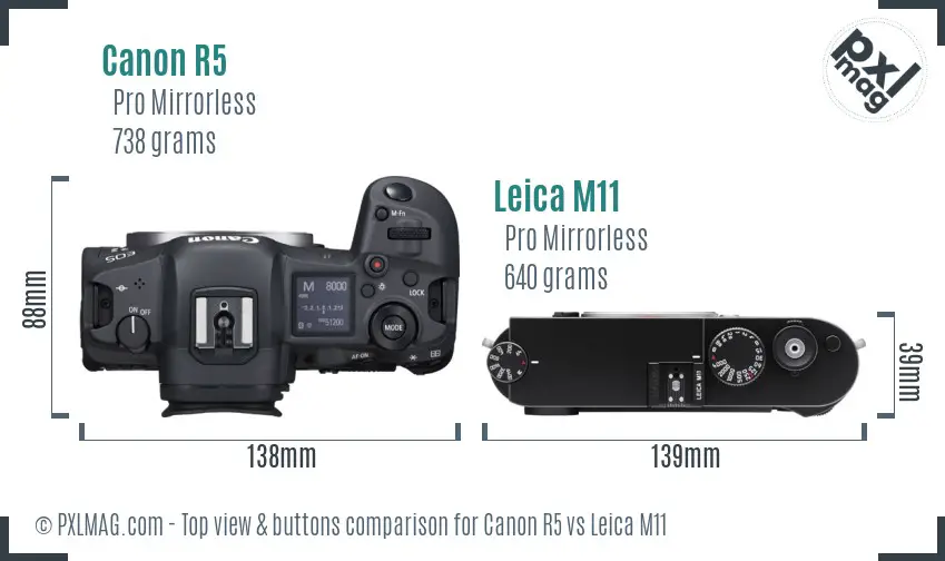 Canon R5 vs Leica M11 top view buttons comparison