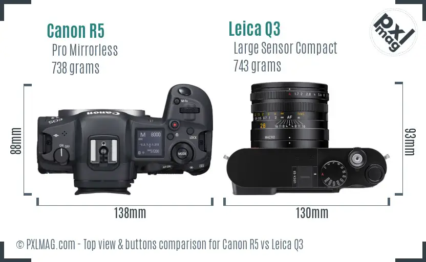 Canon R5 vs Leica Q3 top view buttons comparison Canon R5 vs Leica Q3 top view buttons comparison