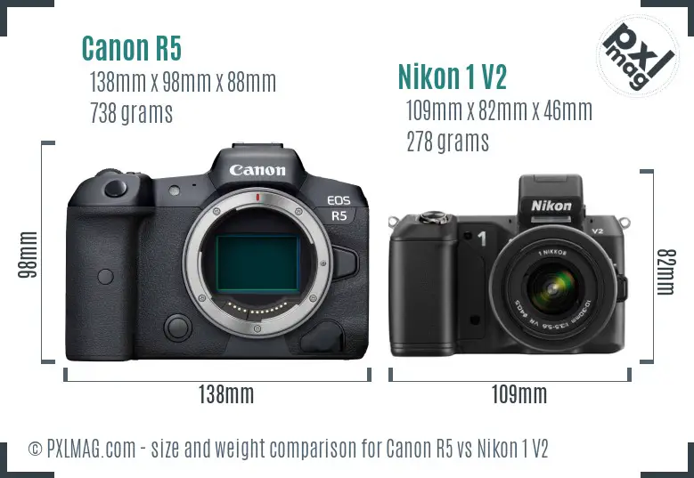 Canon R5 vs Nikon 1 V2 size comparison