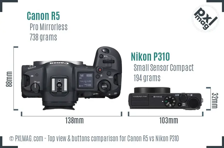 Canon R5 vs Nikon P310 top view buttons comparison Canon R5 vs Nikon P310 top view buttons comparison