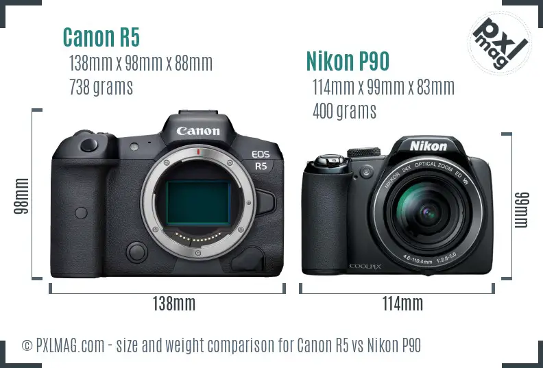 Canon R5 vs Nikon P90 size comparison