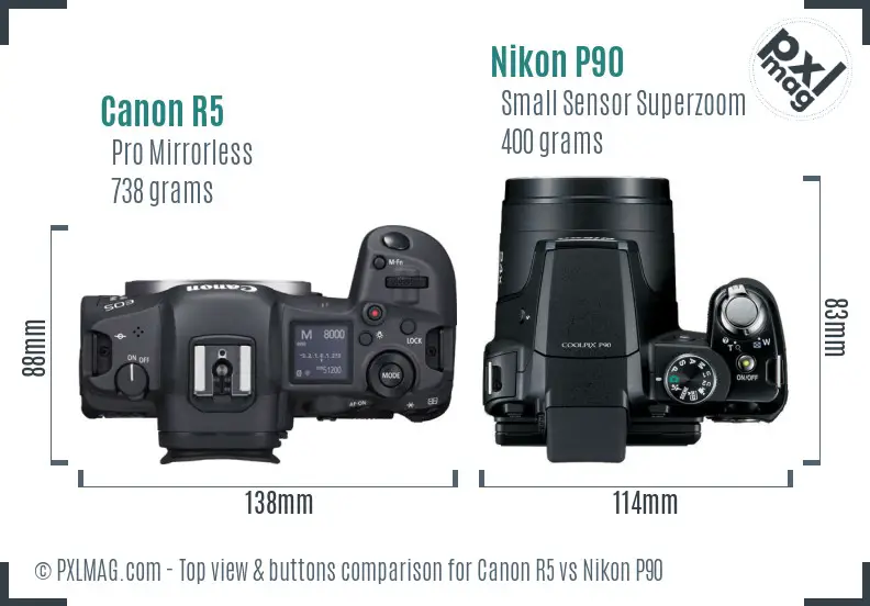 Canon R5 vs Nikon P90 top view buttons comparison