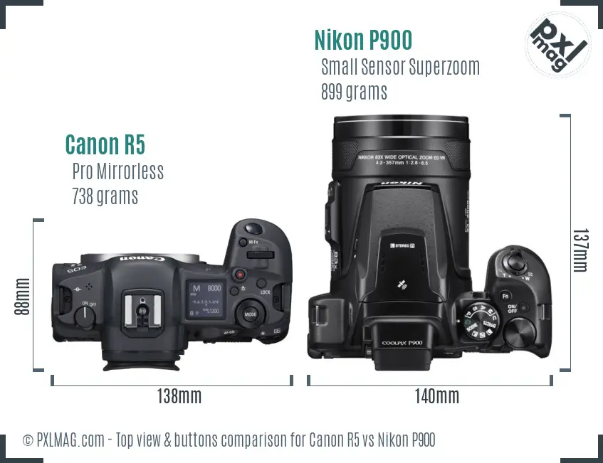 Canon R5 vs Nikon P900 top view buttons comparison Canon R5 vs Nikon P900 top view buttons comparison