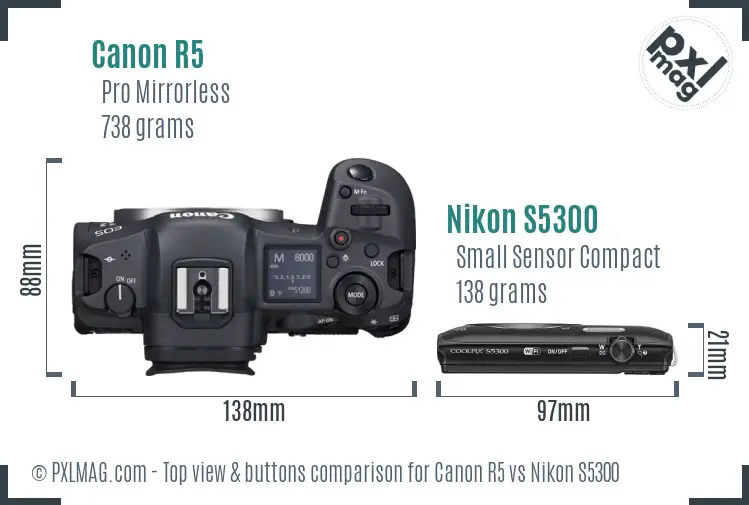 Canon R5 vs Nikon S5300 top view buttons comparison