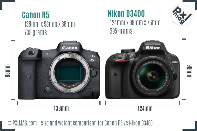 Canon R5 vs Nikon D3400 size comparison Canon R5 vs Nikon D3400 size comparison