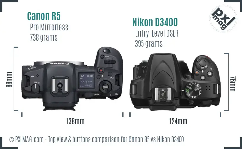 Canon R5 vs Nikon D3400 top view buttons comparison Canon R5 vs Nikon D3400 top view buttons comparison