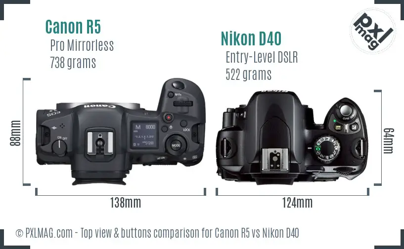 Canon R5 vs Nikon D40 top view buttons comparison
