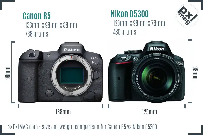 Canon R5 vs Nikon D5300 size comparison Canon R5 vs Nikon D5300 size comparison