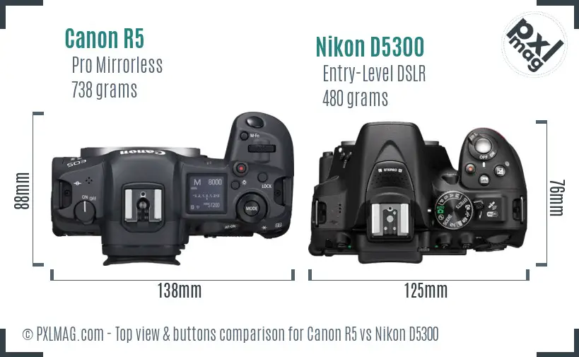 Canon R5 vs Nikon D5300 top view buttons comparison Canon R5 vs Nikon D5300 top view buttons comparison