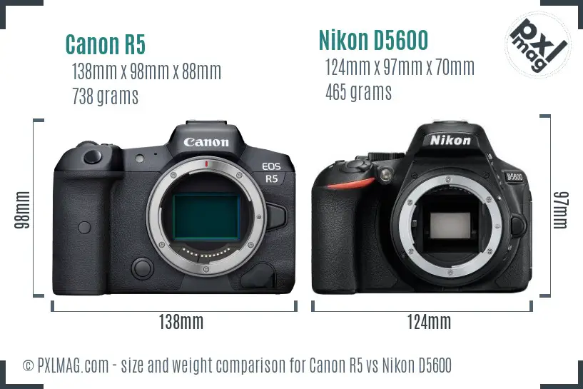 Canon R5 vs Nikon D5600 size comparison Canon R5 vs Nikon D5600 size comparison