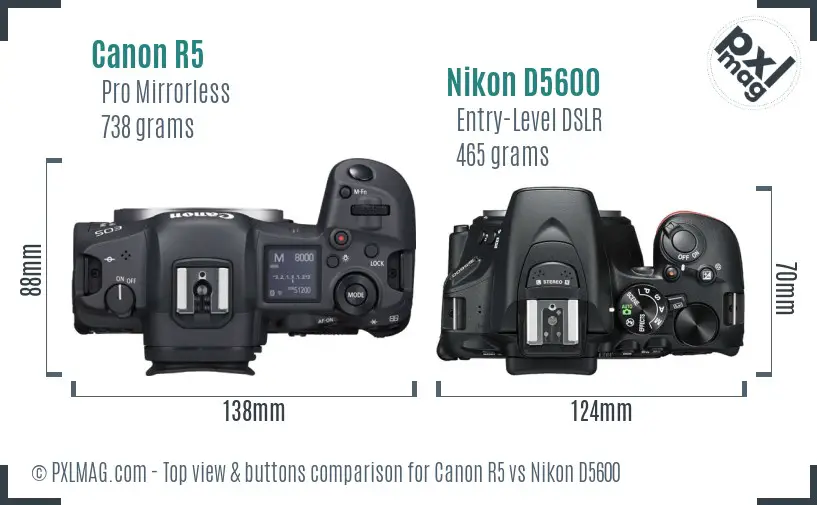 Canon R5 vs Nikon D5600 top view buttons comparison Canon R5 vs Nikon D5600 top view buttons comparison