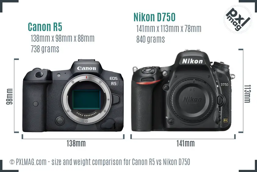 Canon R5 vs Nikon D750 size comparison